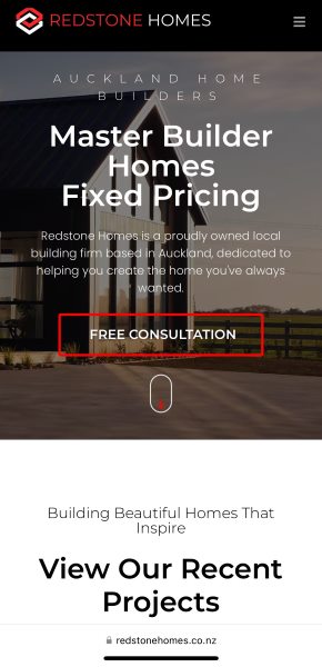 Mobile screen showing Website design in Auckland for Redstone Homes